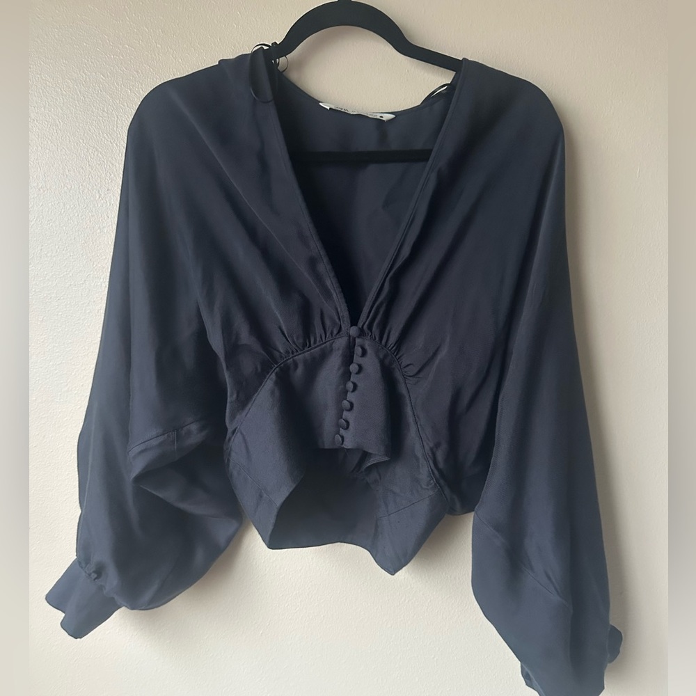 Zara Gray Deep V Oversized Cropped Sash Long Sleeve Top XS